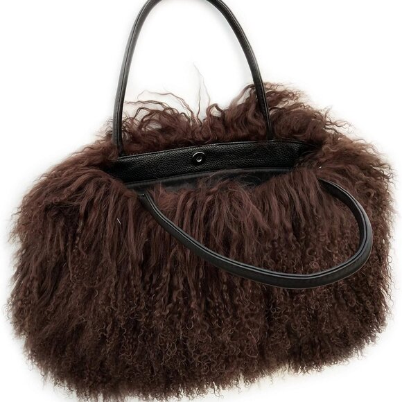 Women Luxury Real Lamb Mongolian Flush Wool Fur With Genuine Leather Handles Han